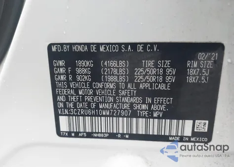 2021 Honda Hr-V Awd Sport из США, поврежденный, VIN 3CZRU6H10MM727907